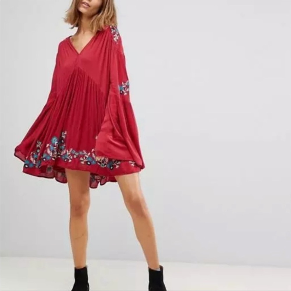 Free People S Red Te Amo Boho Floral Embroidered Flowy Dress - Picture 2 of 16